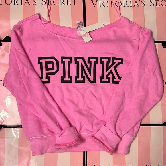 VS Pink hot pink off shoulder crop sweatshirt top - Picture 2 of 2
